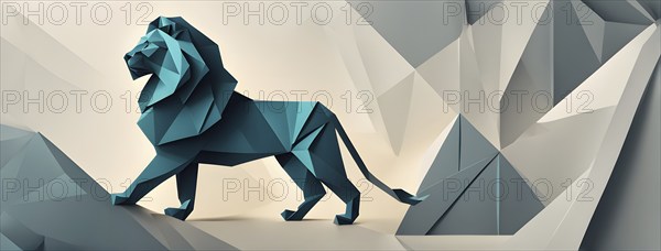 Abstract origami lion wallpaper illustration, AI generated