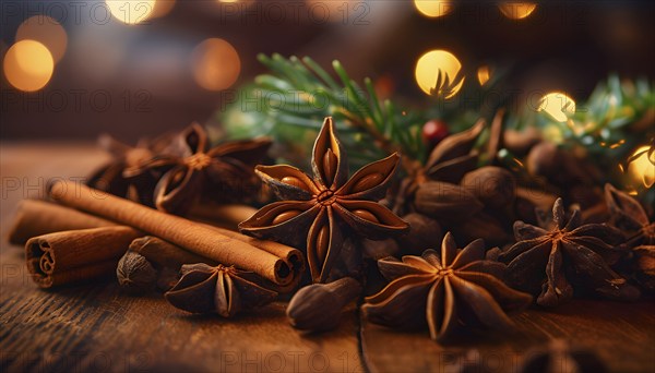 Christmas spices like cinnamon sticks, star anise, and cloves arranged on a wooden table, with soft
