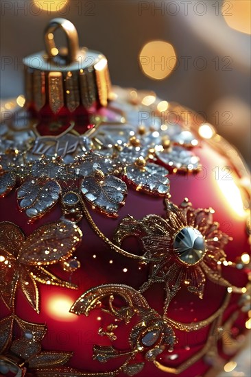 Close up of a frosted red Christmas ornament, detailed with tiny ice crystals, delicate carvings,