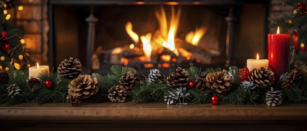 A cozy fireplace mantle decorated with pine cones, garlands, and lit candles, with a close-up focus