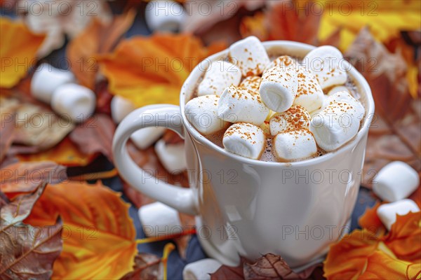 Mug with hot cocoa with marshmallows in colorful autumn leaves. Generative Ai, AI generated