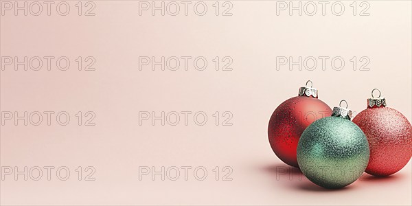 Christmas banner with green and red bauble ornaments on pink background with copy space. Generative