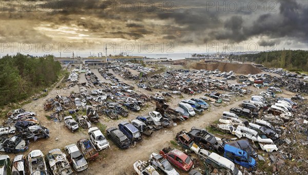 Symbolism, large junkyard with wrecked cars, scrap cars, scrap metal, AI-generated, AI-generated,