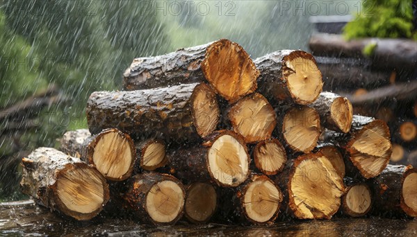 Forestry, timber industry, logs for firewood lying in the rain, AI generated, AI generated