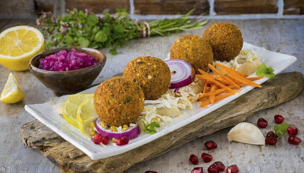 Food, falafel with vegetables, product made from chickpeas, AI generated, AI generated