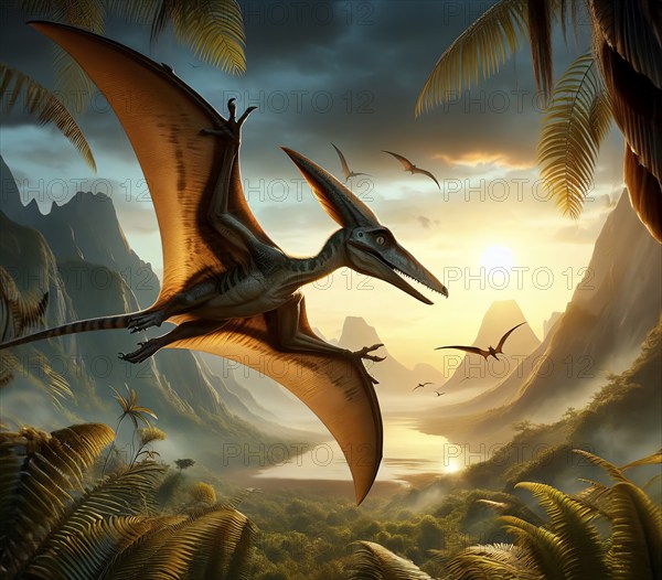 Prehistory, prehistory, a dinosaur, a flying dinosaur, a pterodactyl flies over a prehistoric