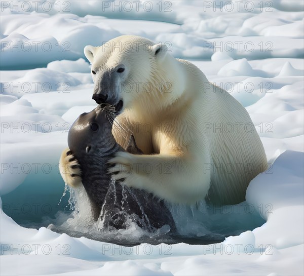A polar bear at an ice hole hunting for a seal in the Arctic, AI generated, AI generated