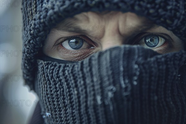 Close up of man with face covered by black ski mask. Generative Ai, AI generated