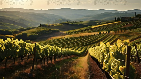 Winding vineyard rows snake through rolling hills under atmospheric summer sunlight, AI generated