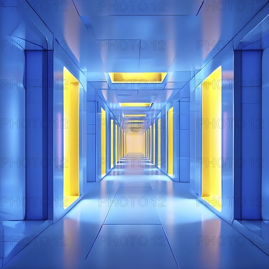 Windows aligned within an elongated tunnel permeated with gradients of blue and yellow hues, AI