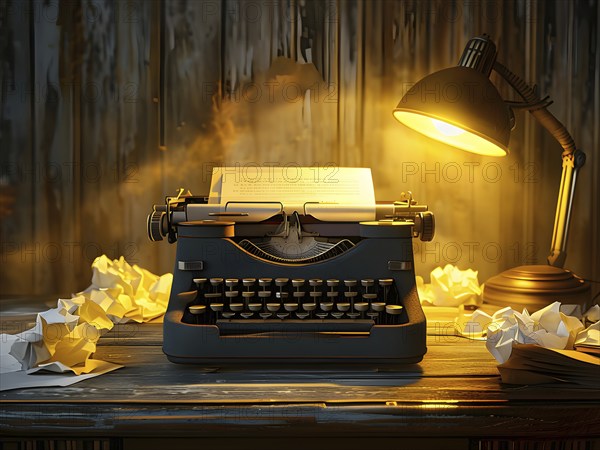 Antique typewriter sitting on a weathered wooden desk, with crumpled papers scattered around, AI