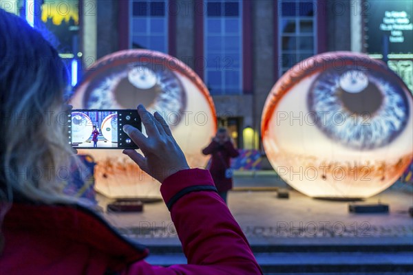 Essen Light Festival, in the city centre, artwork Oculus by the Italian artist H:E:M, 2 giant