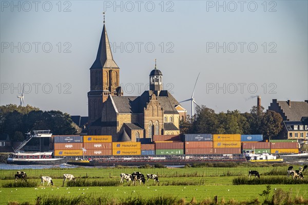 Skyline of Emmerich, on the Lower Rhine, St Martini Church, pastures on the left bank of the Rhine,