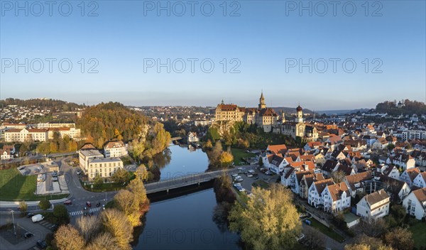 Aerial view, panorama of the town of Sigmaringen with the Hohenzollern castle, a sight and tourist