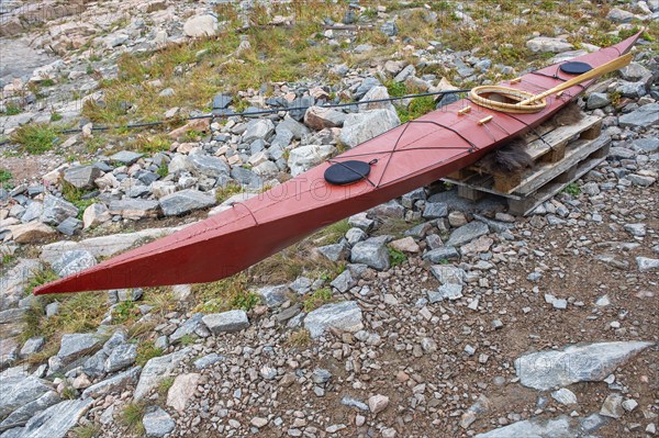 Traditional kayak, manoeuvrable boat for hunting, Inuit settlement Ittoqqortoormiit, Scoresbysund