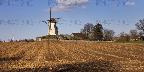Historic Grottenherten tower windmill, Bedburg, Rhine-Erft district, Lower Rhine, North