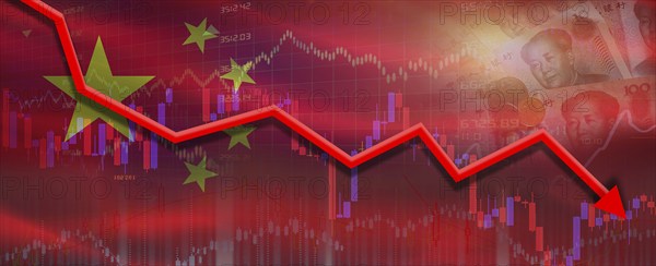 China financial crisis on economic graph. Financial fall of China on economy market