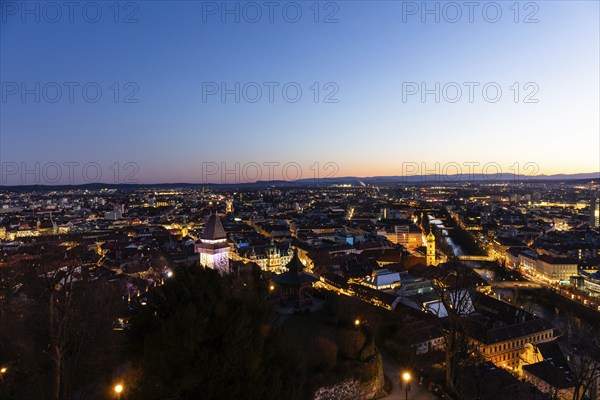 Evening mood, view from the Schlossberg to the clock tower and the historic city centre, Graz,