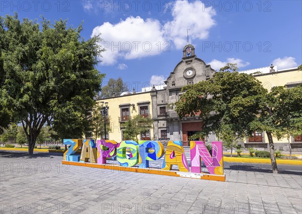 Zapopan, Jalisco, Mexico, 10 September, 2021: Colorful letters of Zapopan central plaza in historic