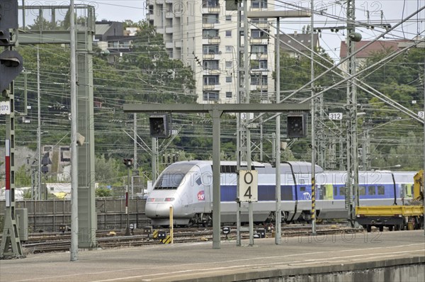 French high-speed train (TGV Stuttgart-Paris), main railway station, Stuttgart, Baden-Württemberg,