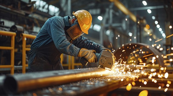 Worker in industrial factory working on steel production manufacturing line with welding equipment,