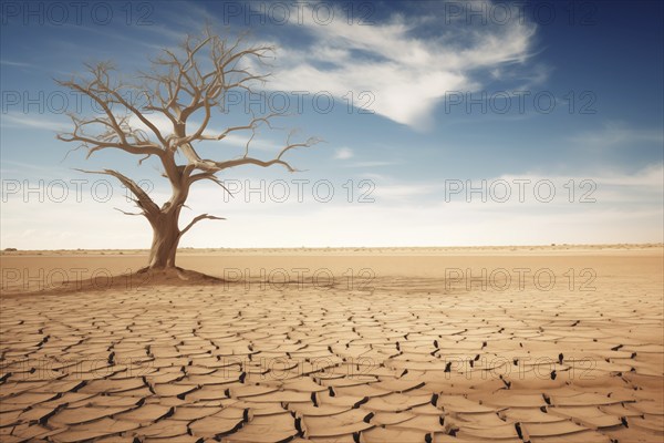 Drought climate change ecology solitude concept, dry dead tree in desert with a dry, cracked ground