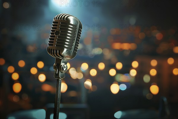 Microphone on a microphone stand with a blurry coloful background, AI generated