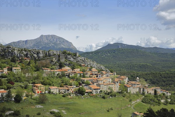 Mountain village Trigance and landscape with mountains, Provençal Alps, Western Alps, Alps, Var,