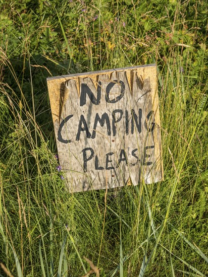 No camping sign put into the grass, beach on Senja island, Norway, Europe