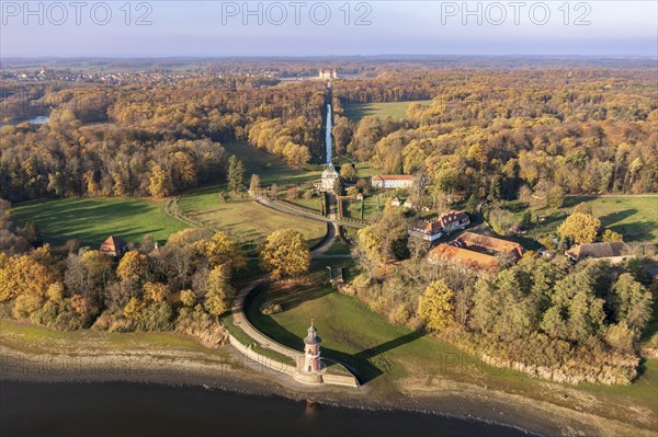 Aerial view of lighthouse and castle Fasanenschloss, view to castle Moritzburg in the back, autumn