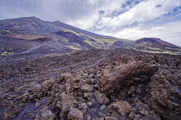 Lava rock and crater landscape around the Crateri Silvestri in the Etna National Park, Parco
