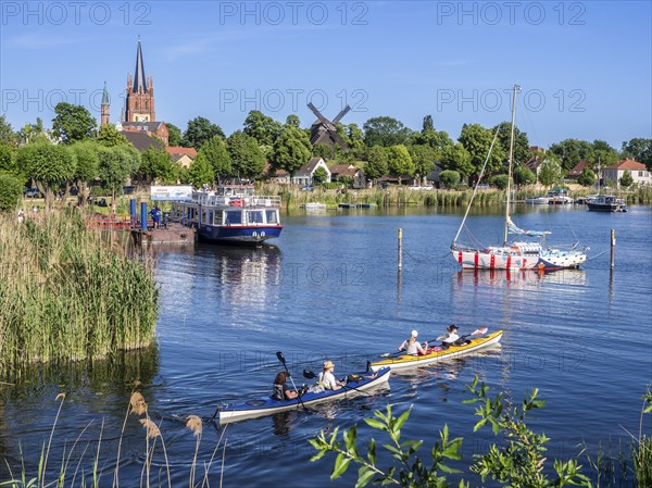 Havel cycle route, village Werder, peninsula with church and old mill, old city center at river