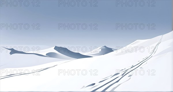 Simplified representation of ski tracks on a pristine snowy slope, created with bold, clean lines,