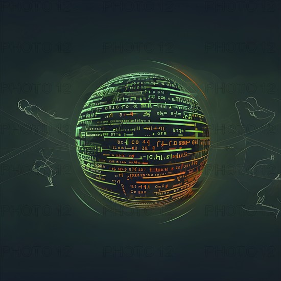 Illustration of an abstract, vibrant green colored rotating digital sphere with patterns resembling