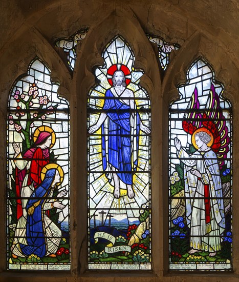 Stained glass window of Resurrection church of Saints Peter and St Paul, Kedington, Suffolk,