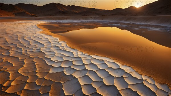 Aerial perspective of a salt and clay pan revealing the intricate patterns of its broken surface,