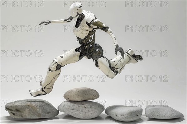 Futuristic humanoid cyborg running and jumping over rocks in front of a white background, AI