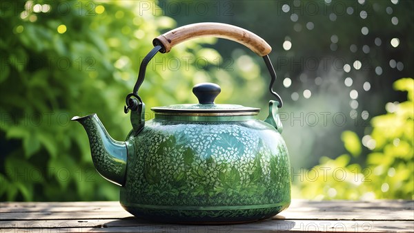 Green colored tea kettle whistling on a rustic wooden table in soft morning sunlight, AI generated