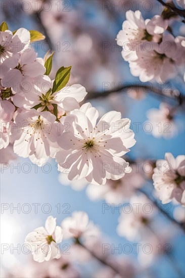 Blooming cherry blossoms with soft pink petals against a clear blue sky, with delicate sunlight