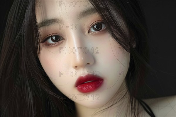 Portrait of beautiful young Asian woman with dark long hair and red lips. Generative AI, AI