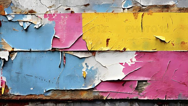 Grunge ripped torn placard posters background in white, pink, blue and yellow colors, AI generated