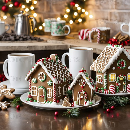Kitchen counter filled with Christmas cookies, gingerbread houses, and mugs of hot chocolate, with