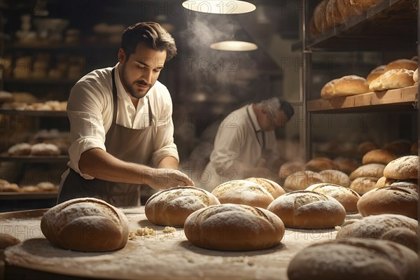 Fresh loaves of bread dominate the foreground of an industrial bakery, AI generated