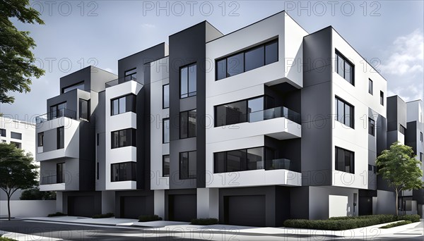Rendering of a modern real estate apartment building in clean geometric forms in black and white,