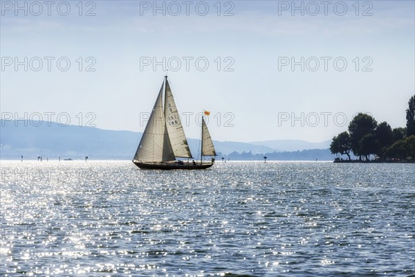 Sailing yacht underway on Lake Constance. Immenstaad, Baden-Württemberg, Germany, Europe