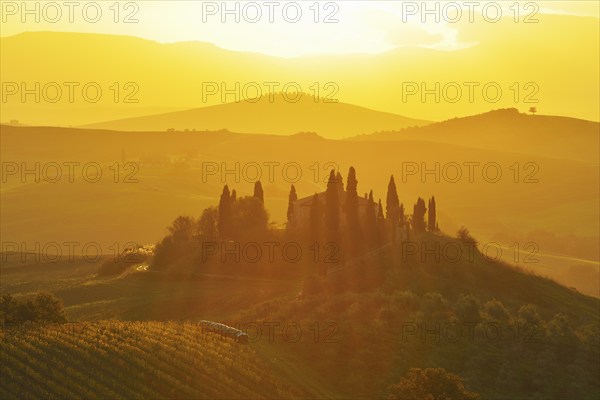 A beautiful countryside scene with rolling hills bathed in golden morning light, featuring a