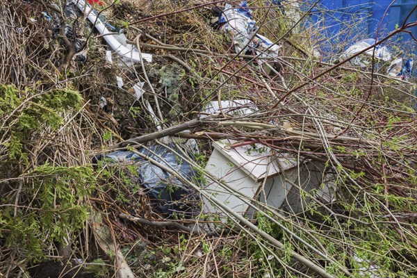 Pile of discarded cut and sawed deciduous and coniferous tree branches, plastic bags and wooden