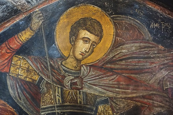 Detailed fresco depicting a saint with a halo, Asklipio village, Asklipion, Kimisis tis Theotokou