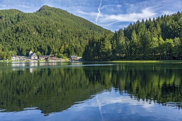 Mountain lake and village Spitzingsee, municipality Schliersee, behind mountain Schwarzenkopf,
