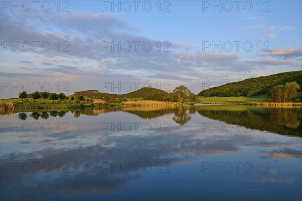 Lake with reflection in spring with castle at sunset, Veste Wachsenburg, Amt Wachsenburg, Drei